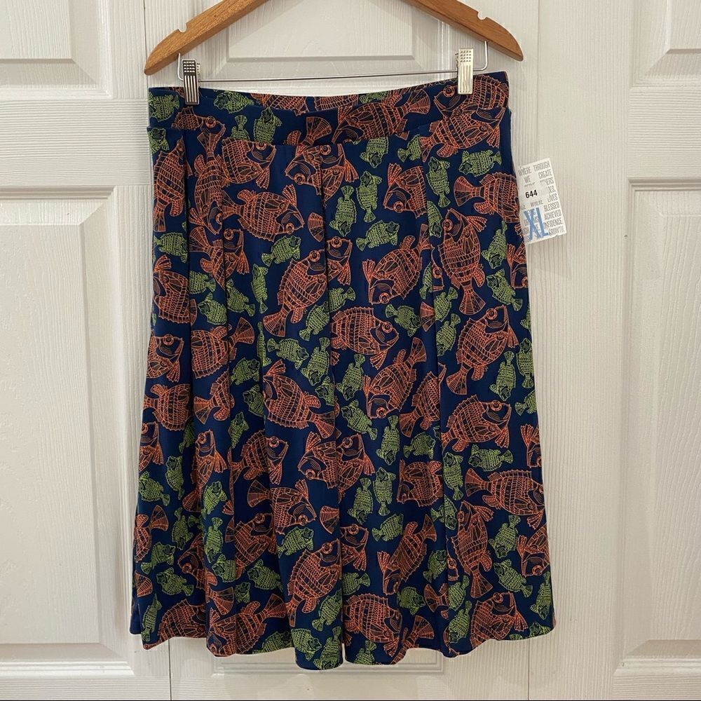 LuLaRoe Madison Skirt Navy Green Orange Pleated
